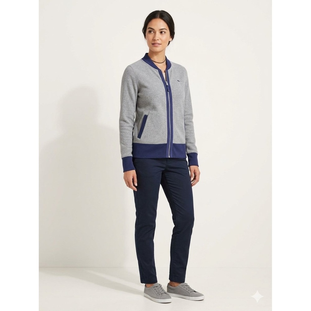 Vineyard Vines Womens Gray Navy Blue Full Zip Bomber Sweater Jacket XS RN134578